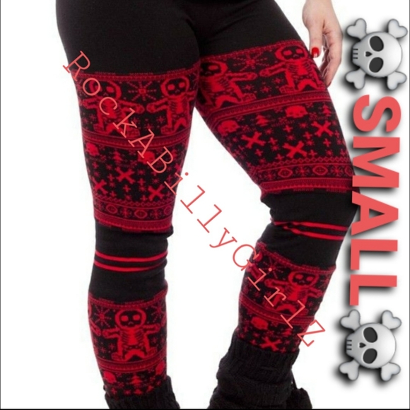 Sourpuss Gingerdead Red Skull Cross Christmas Tree Gothic Gingerbread Leggings - Picture 1 of 3